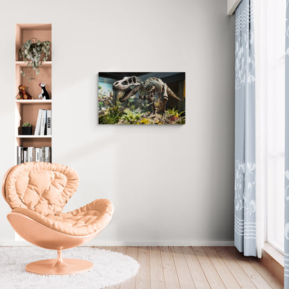 T-Rex skelet tentoongesteld in botanische museumomgeving – Canvas wandkunst