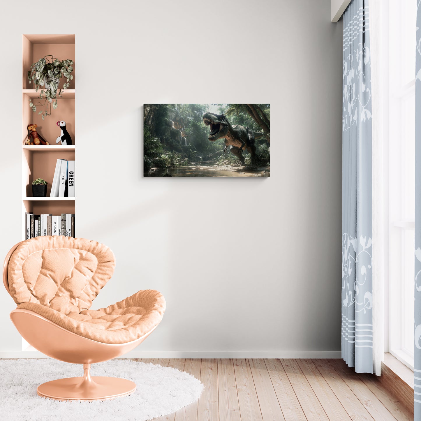 T-Rex brult in de jungle met zonlicht - Canvas wandkunst