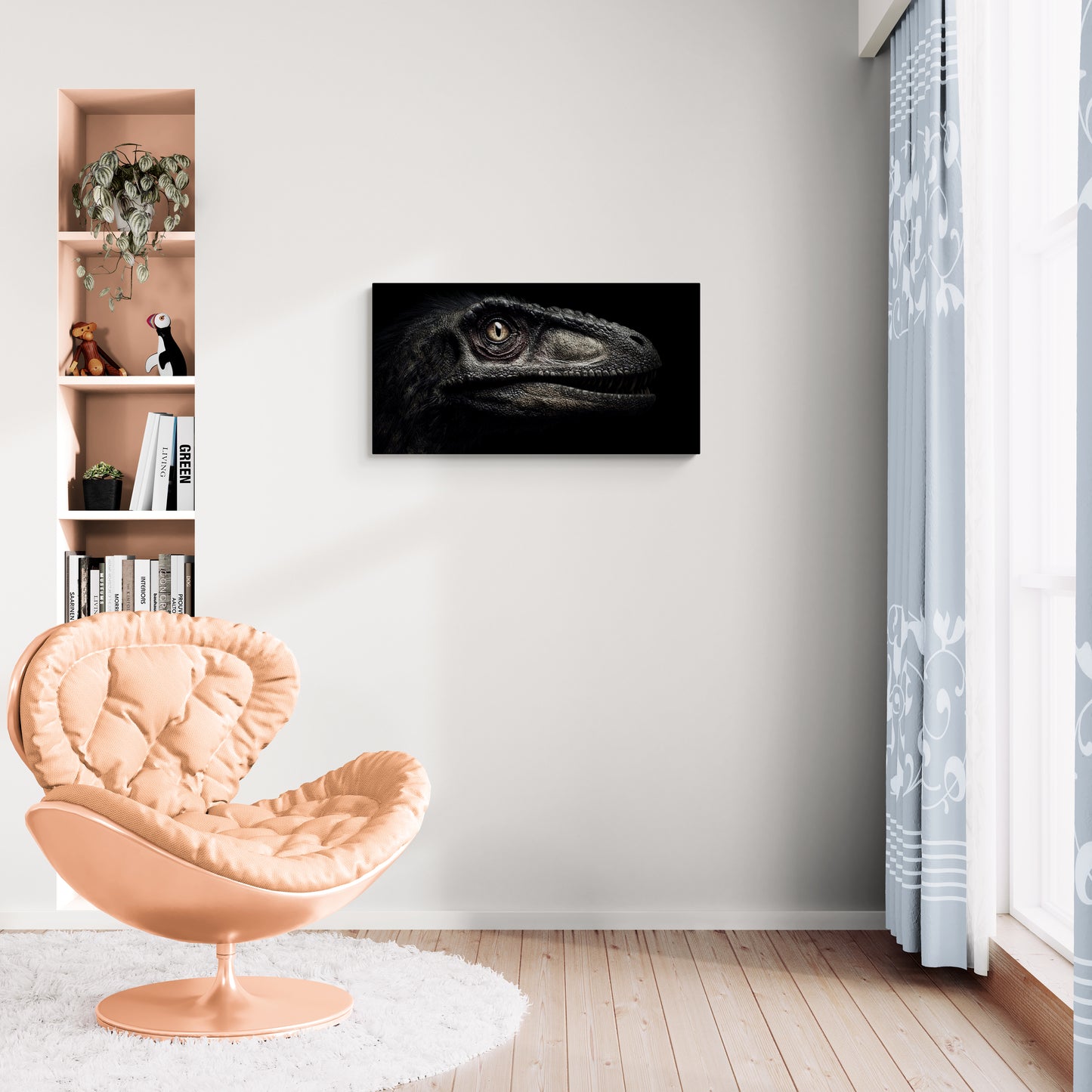 Illustratie van een dinosauruskop in schaduwlicht op een zwarte achtergrond - Canvas wandkunst
