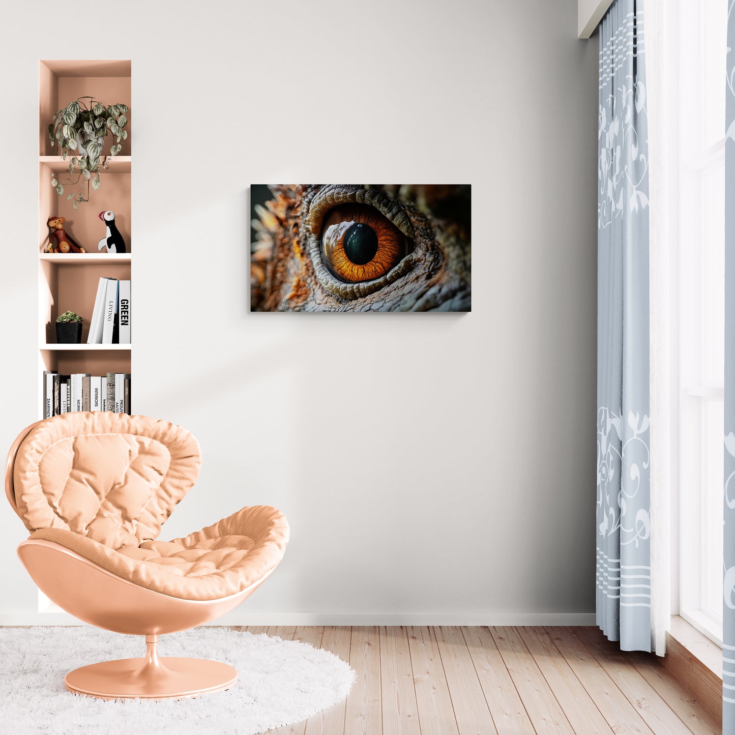 Close-up van een dinosaurusoog met oranje iris en huidtextuur – Canvas wanddecoratie
