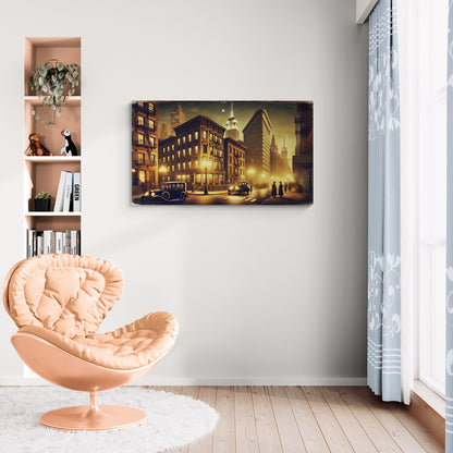 Vintage stadsstraatbeeld met klassieke auto's en nachtlampjes - Canvas wandkunst