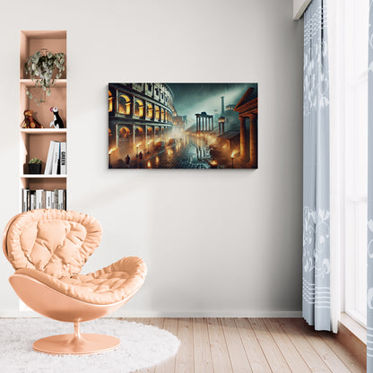 Oude Romeinse straatscène met het Colosseum en ruïnes bij nacht - Canvas wandkunst
