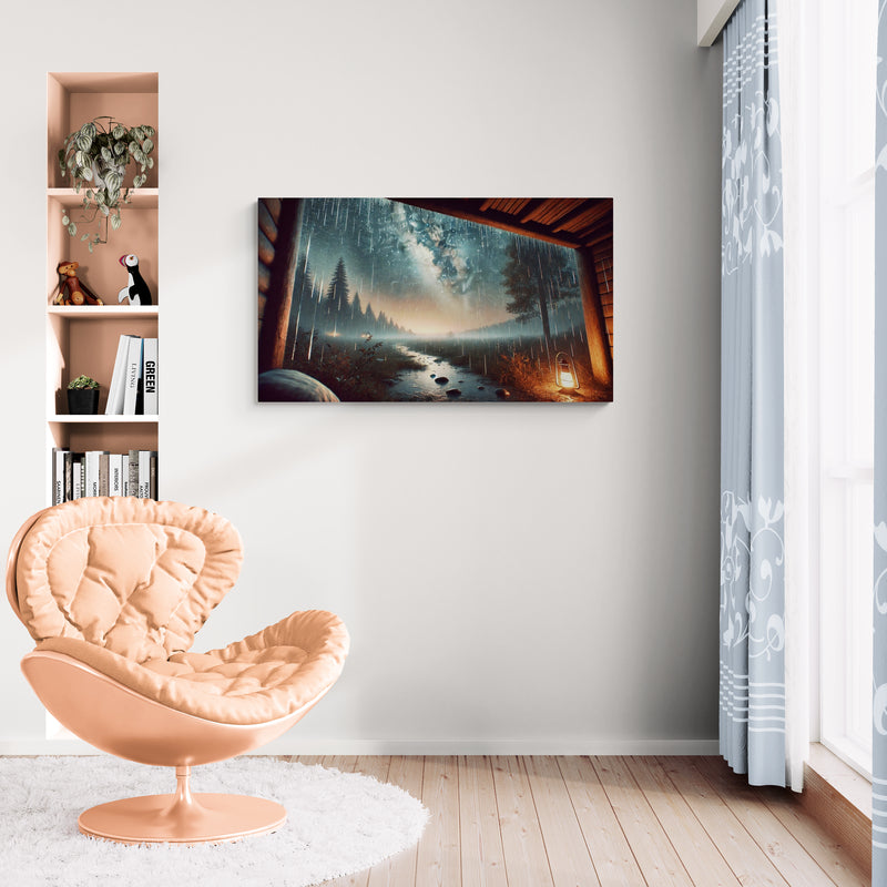 Landschap van een regenbos gezien vanaf de veranda van een hut - Canvas wandkunst