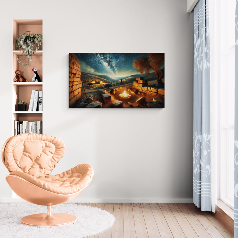 Oud plattelandskampvuur onder de sterrenhemel - Canvas wandkunst