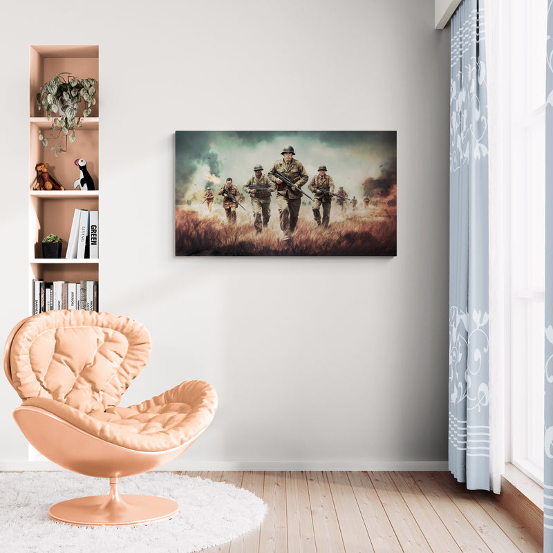 Infanterieaanval in open veld tijdens WO II – Canvas wanddecoratie