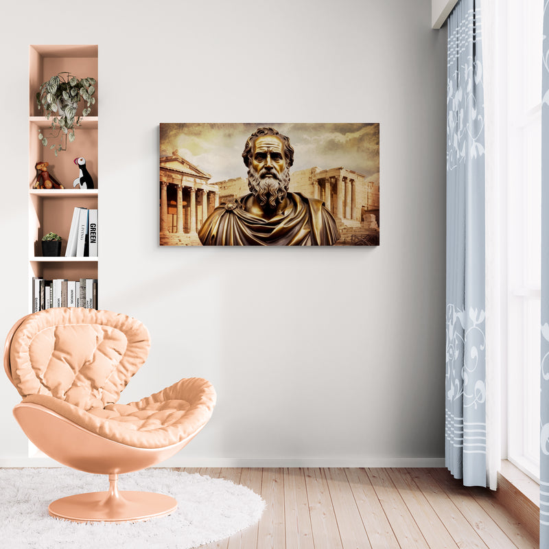 Standbeeld van een Griekse filosoof met antieke architectuur op canvas als wanddecoratie