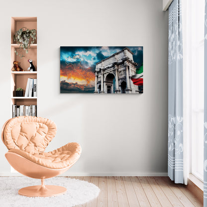 Antiek kompas op kaart met stadsgezicht - Canvas wandkunst