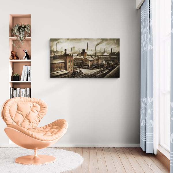 Industrial Cityscape with Factories and Smoke