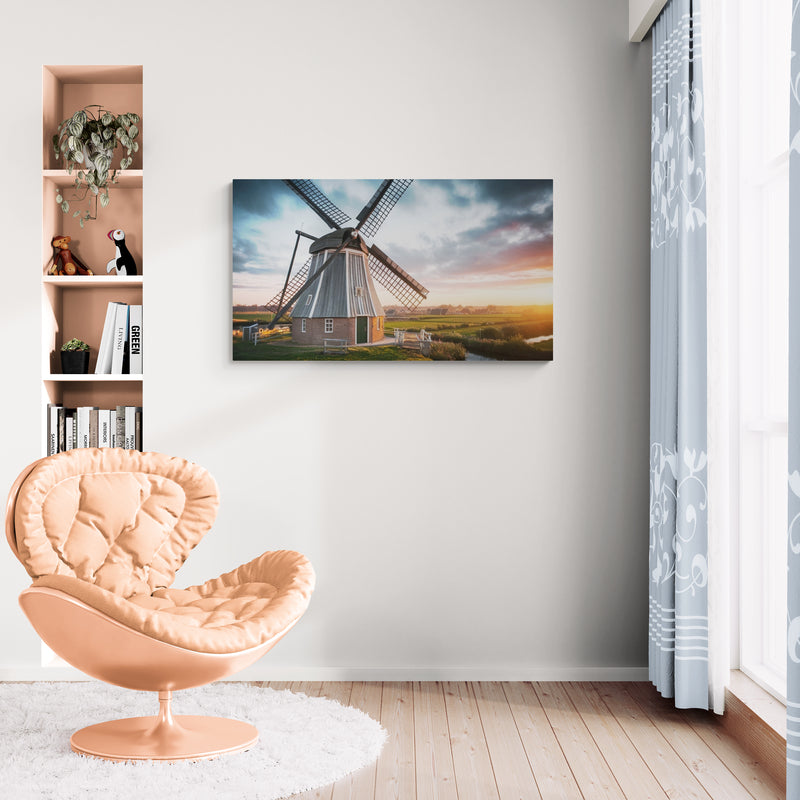 Traditionele windmolen in zonsondergang landschap canvas wandkunst