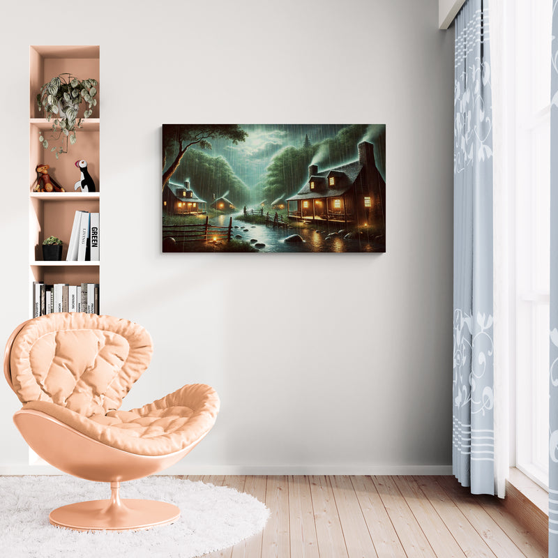 Regenwoudhutten met kreek bij nacht - Canvas wandkunst