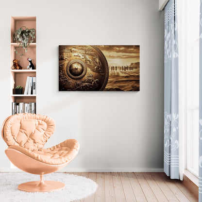 Decoratief schild met antieke strijdscène in sepiatinten canvas wanddecoratie