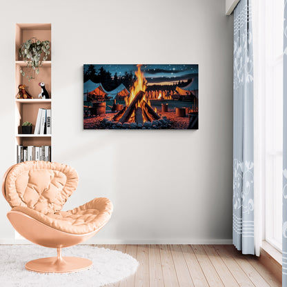 Kampvuurscène met tenten en nachtelijke hemel canvas wandkunst