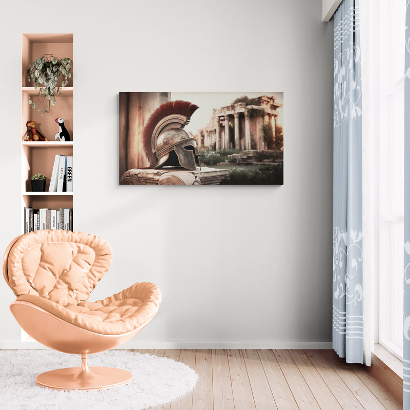Romeinse helm met oude ruïnes in zacht zonsonderganglicht - Canvas wanddecoratie
