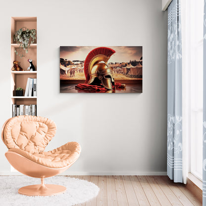 Romeinse helm tentoongesteld met kampachtergrond - Canvas wandkunst