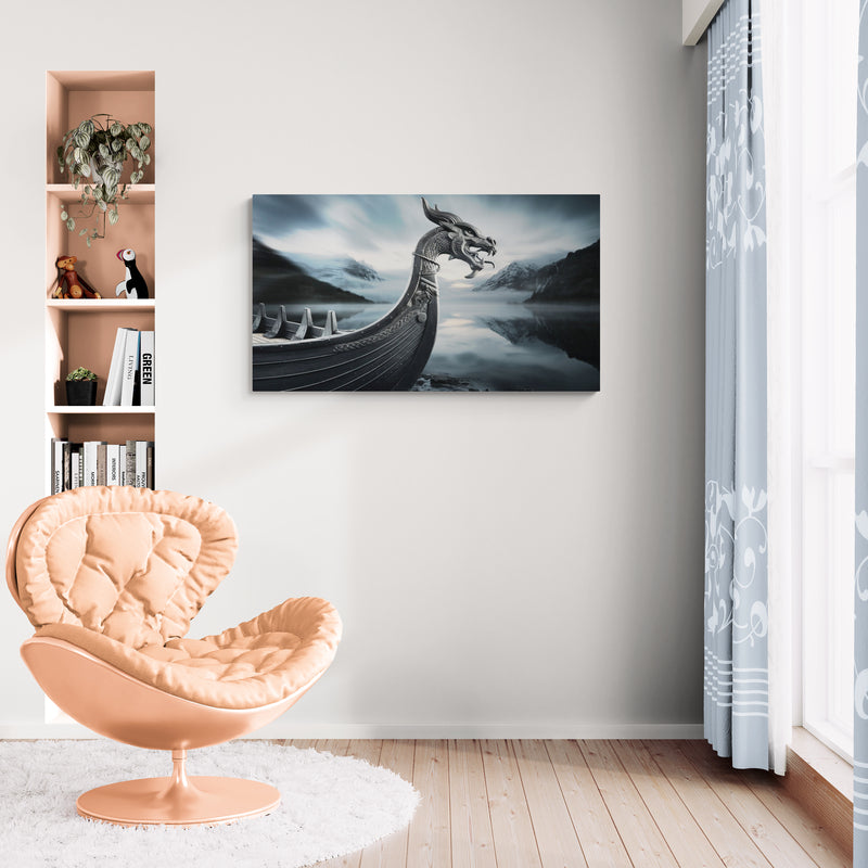 Drakenkop Vikingschip op kalme fjord – Canvas wandkunst