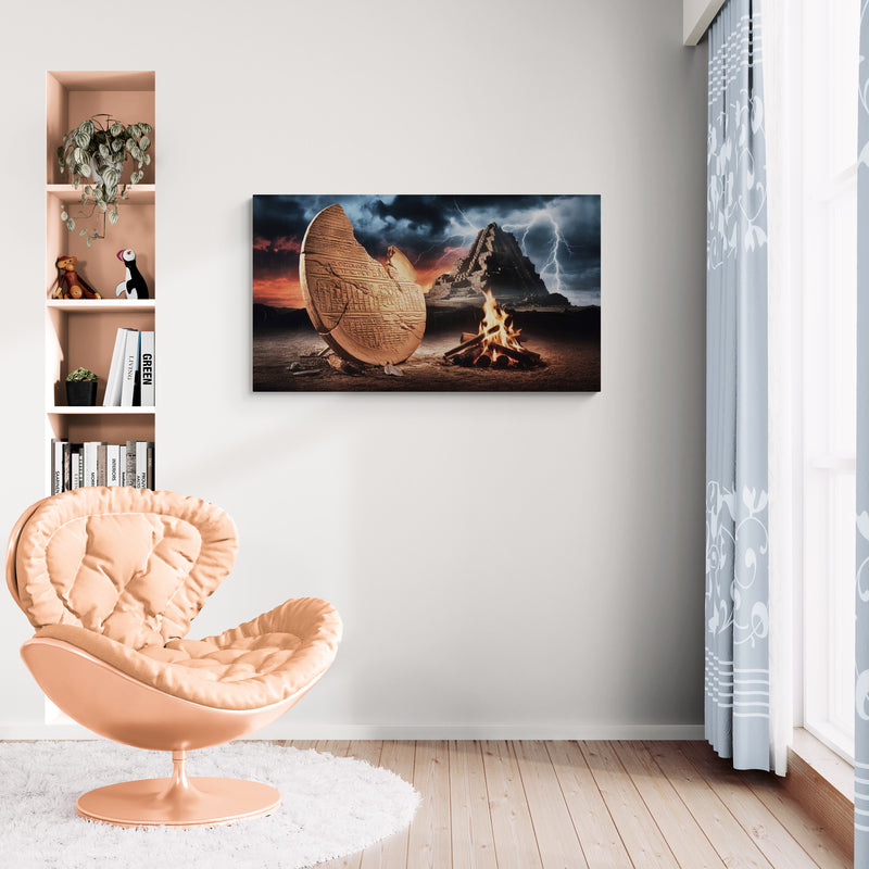 Oude stenen plaat met kampvuur en bergachtergrond - Canvas wandkunst