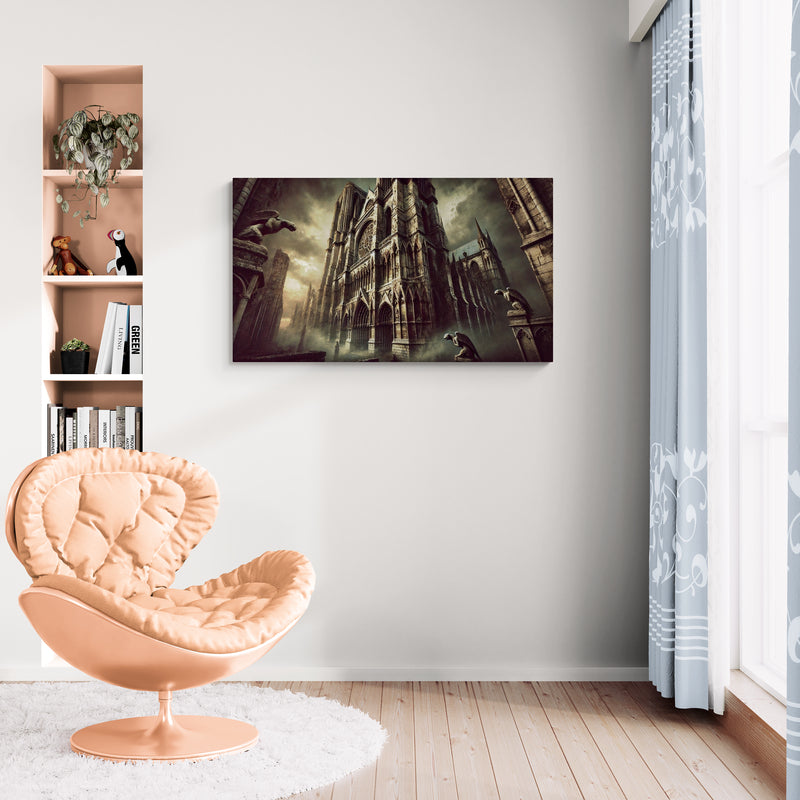 Gotische kathedraal met waterspuwers in stormachtige lucht - Canvas wandkunst