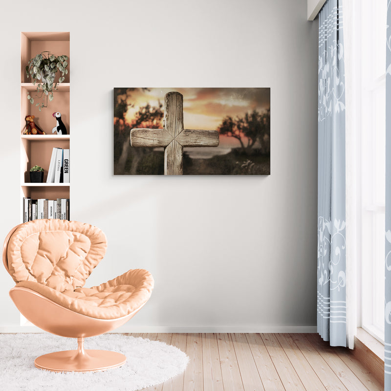 Houten kruis bij zonsondergang - Canvaskunst met vredig landschap