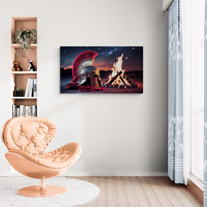 Romeinse helm bij Campfire - Historische nachtscène op canvas