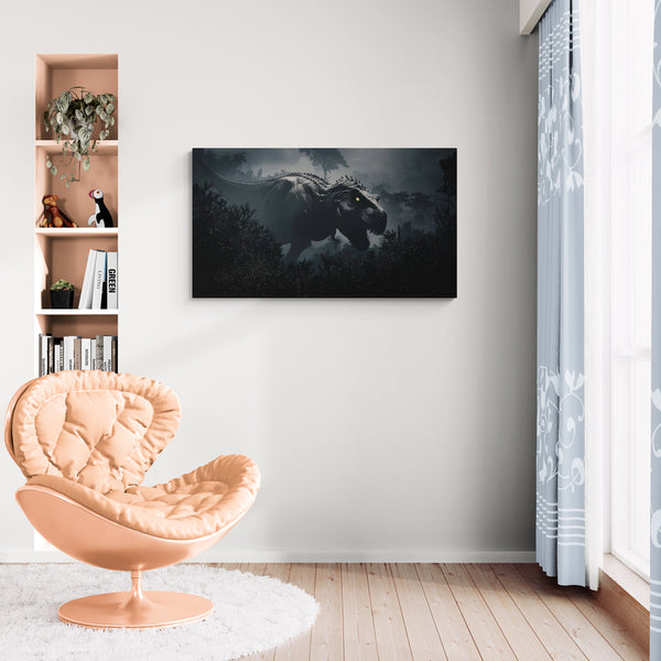 T-Rex in Donkere Jungle Canvas – Sfeervolle Dinosaurus Wanddecoratie