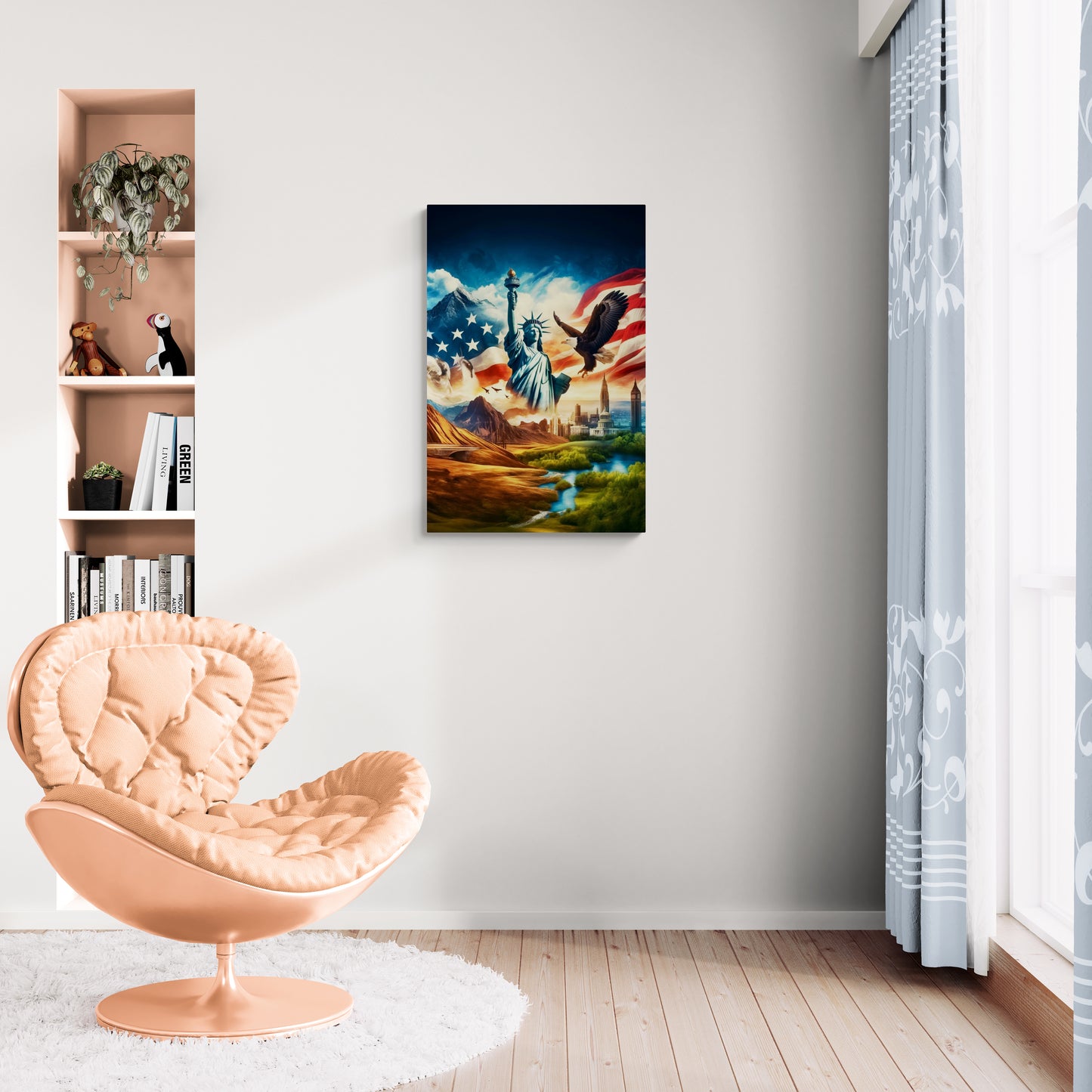 Schilderachtig stadsgezicht met monumentaal standbeeld en kleurrijke lucht - Canvas wandkunst