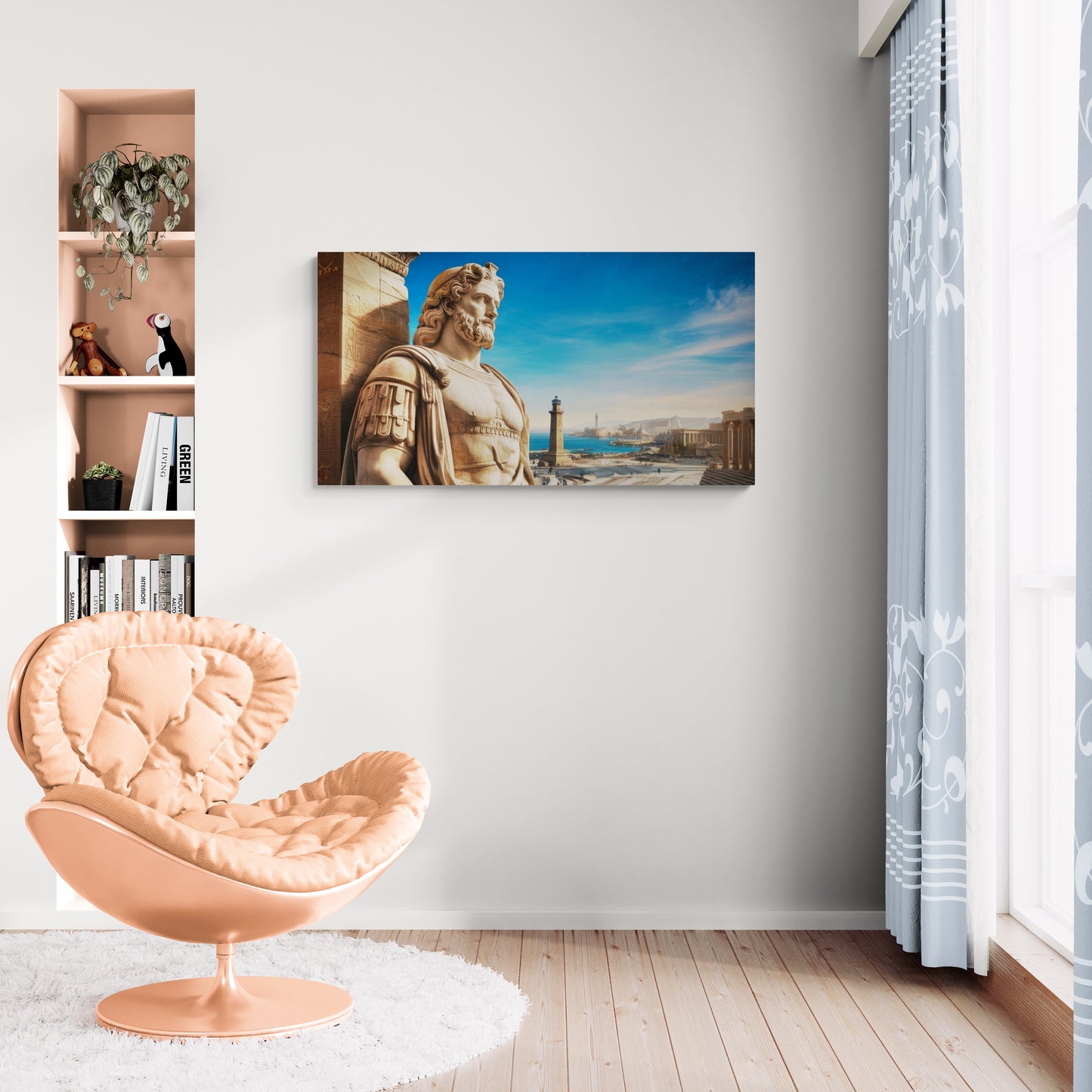 Marmeren standbeeld met uitzicht op kuststad met blauwe lucht - Canvas wandkunst