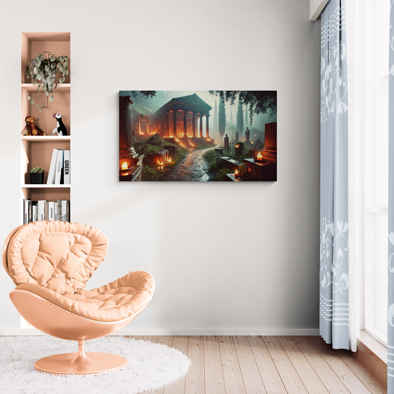 Oud tempelpad met kaarslicht en cipressenbomen - Canvas wandkunst
