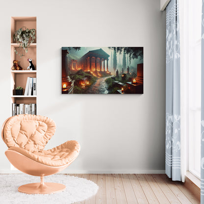 Oud tempelpad met kaarslicht en cipressenbomen - Canvas wandkunst