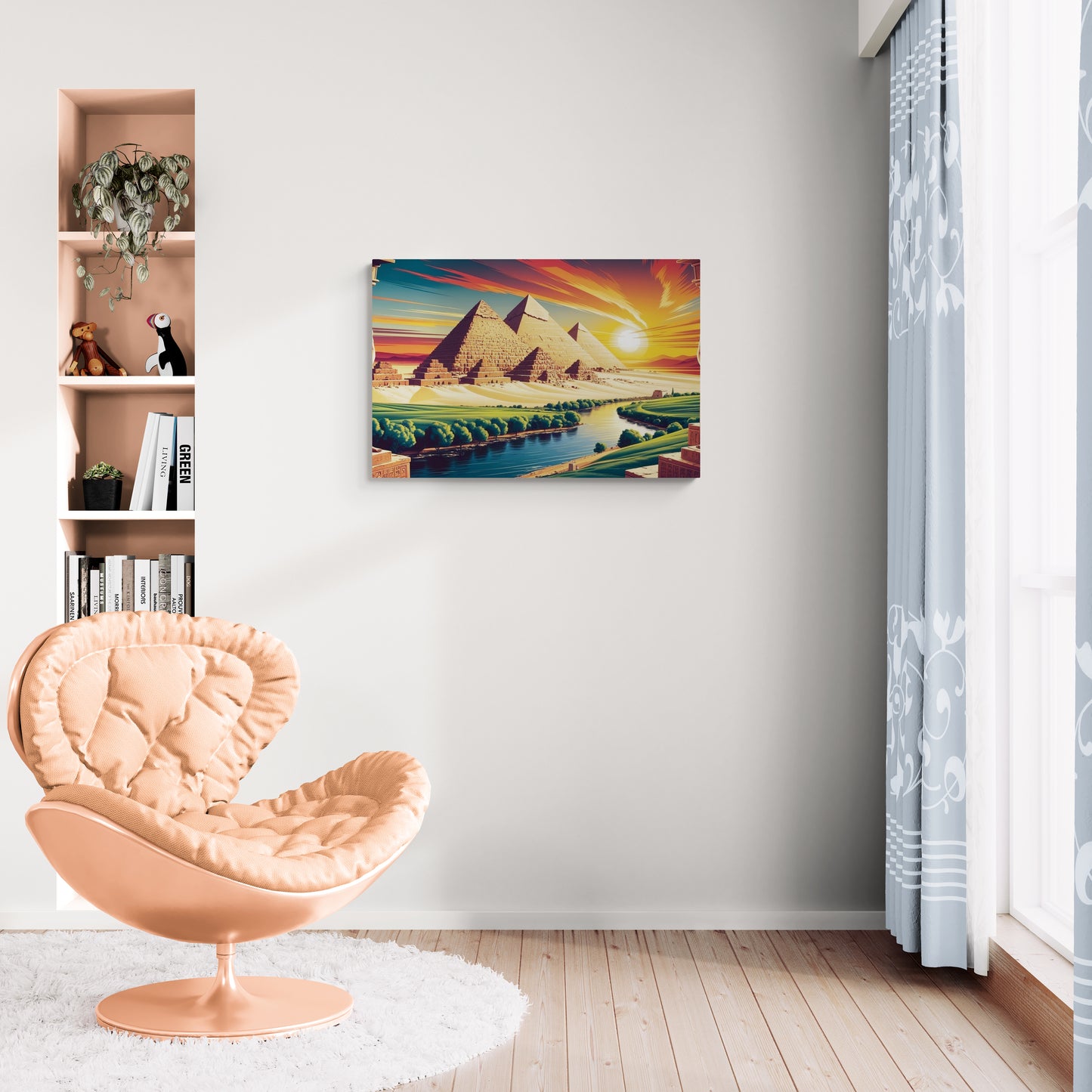 Piramidelandschap met zonsondergang en rivierzicht - Canvas wandkunst