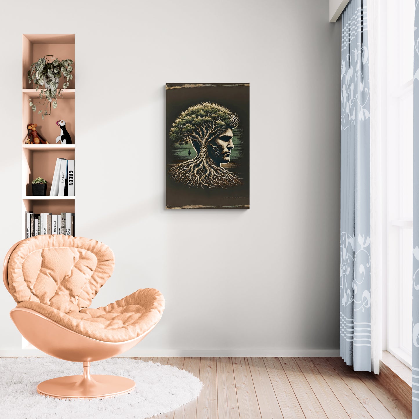 Boomhoofd Fusie Illustratie met Wortels en Bladeren – Canvas Wandkunst