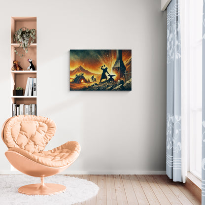Smid aan het werk in een smidse in een rustiek nachtlandschap – Canvas wandkunst