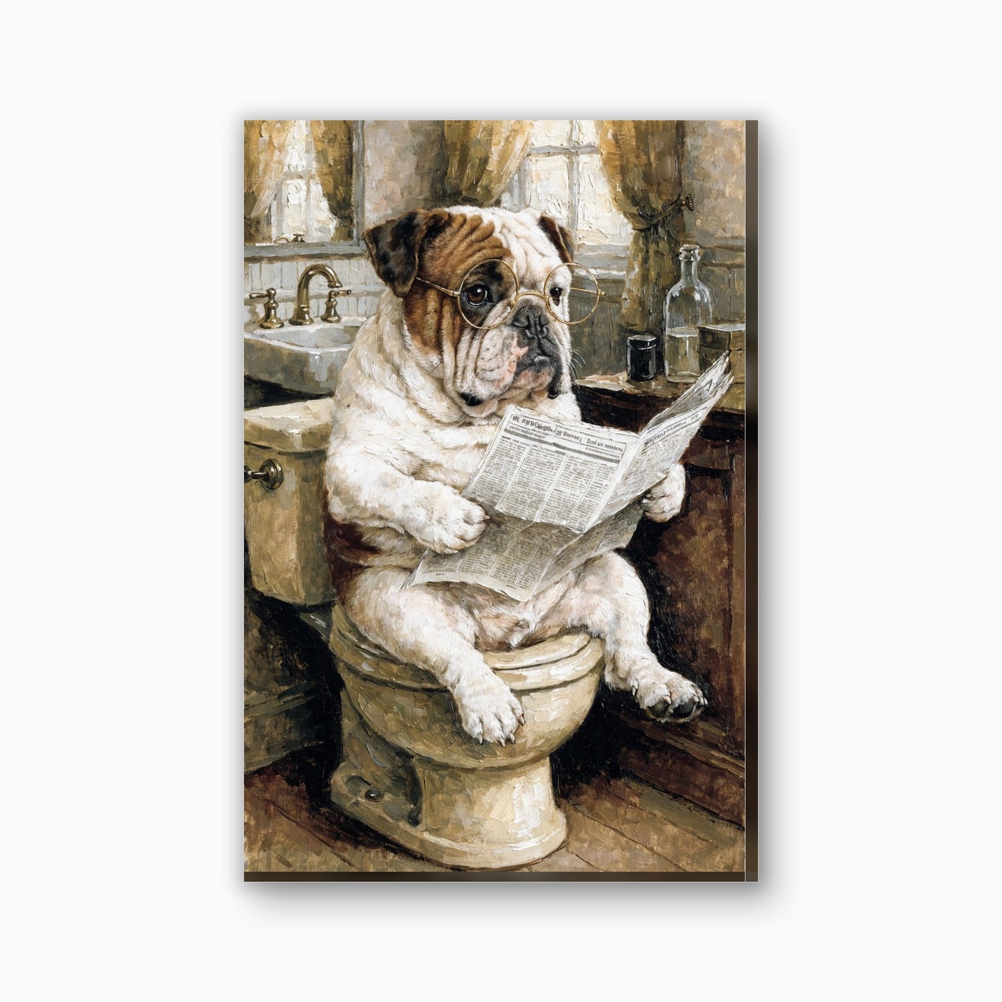 Bulldog met krant op het toilet canvas schilderij in bruin en creme