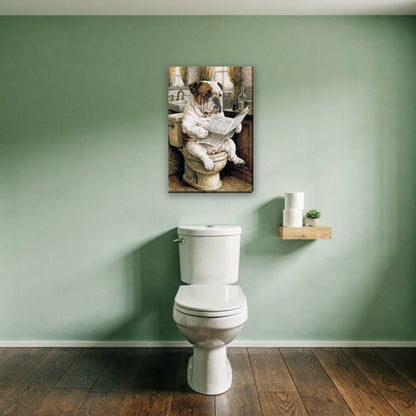 Bulldog met krant op het toilet canvas schilderij aan de muur boven het toilet