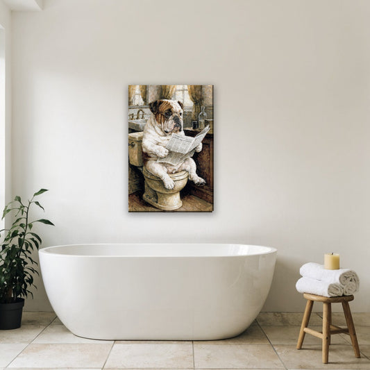 Bulldog met krant op het toilet canvas schilderij aan de muur in de badkamer boven het bad