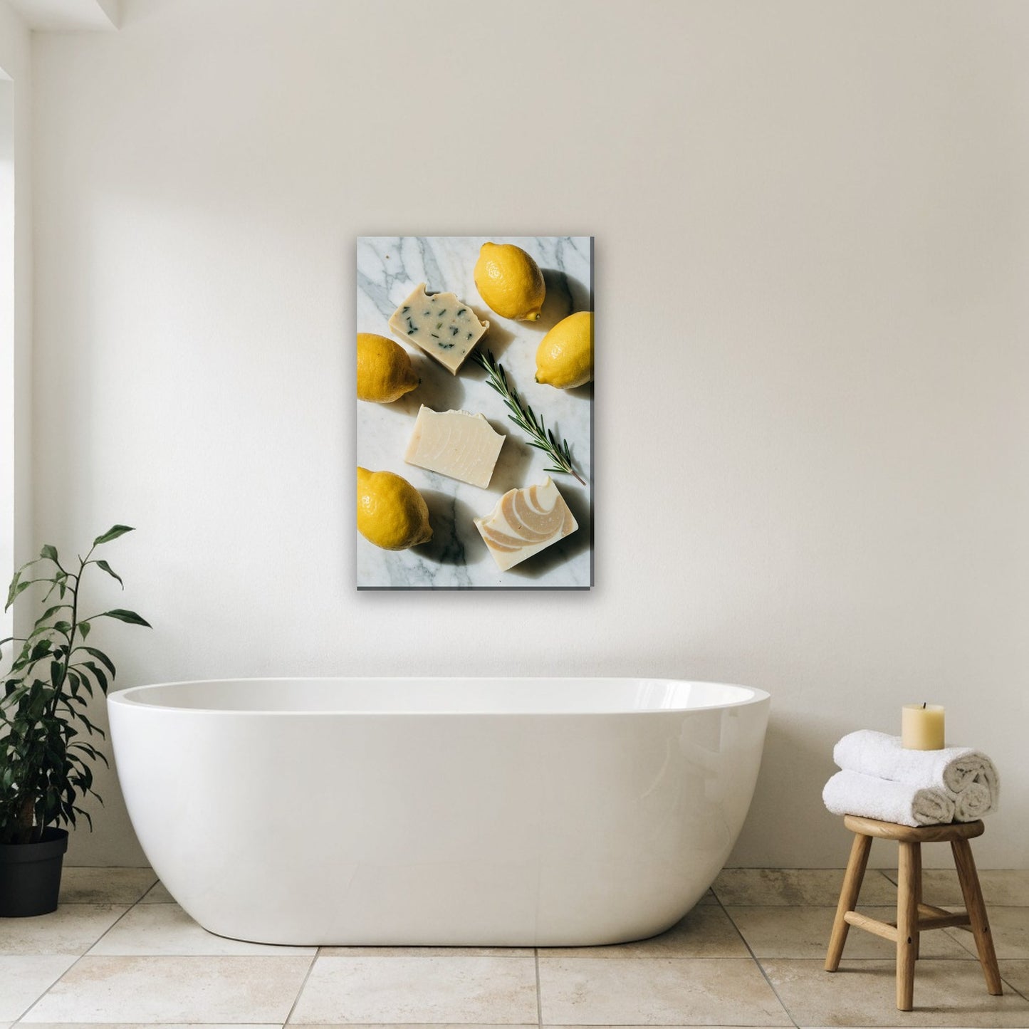 Citroenen en zeep stilleven canvas schilderij aan de muur in de badkamer boven het bad