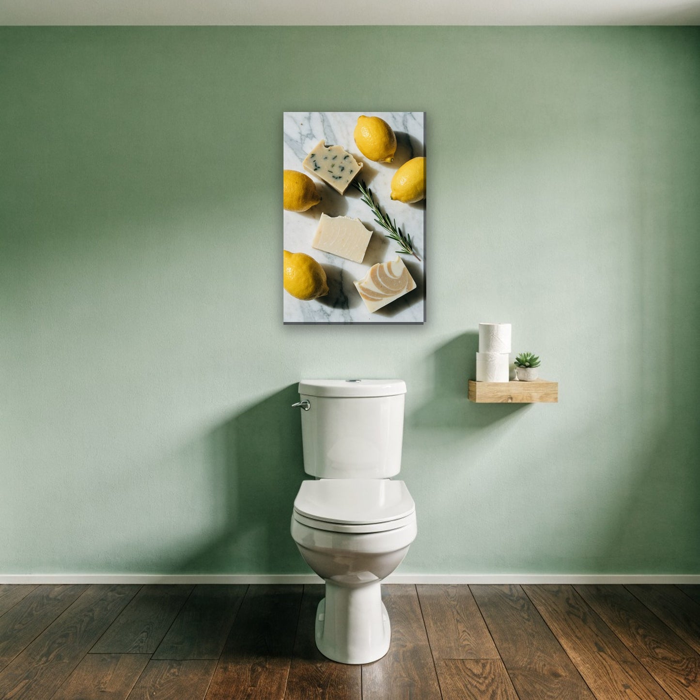 Citroenen en zeep stilleven canvas schilderij aan de muur boven het toilet