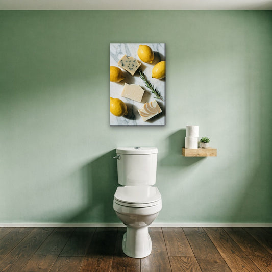 Citroenen en zeep stilleven canvas schilderij aan de muur boven het toilet