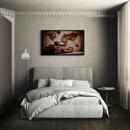 Vintage reiskoffer en wereldkaart – Canvas wandkunst