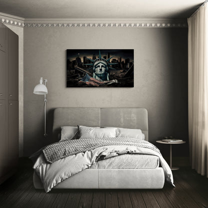 Gevallen Vrijheidsbeeld met skyline van de stad op de achtergrond - Canvas wandkunst