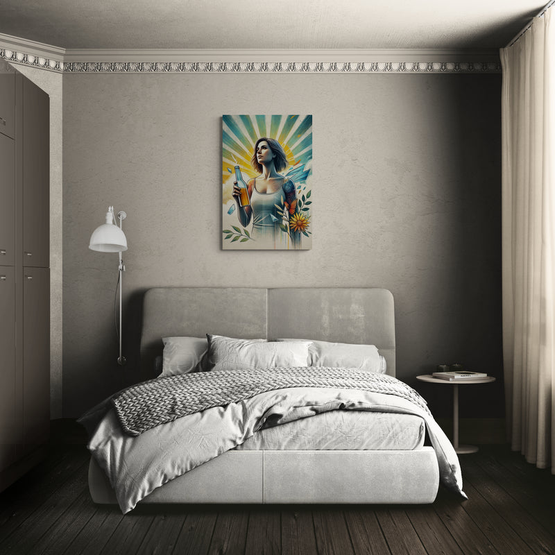 Modern Woman with Sunburst and Nature Elements Canvas – Artistic Wall Art