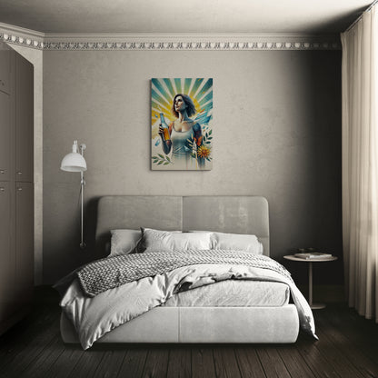 Moderne vrouw met zonnestralen en natuurelementen - Canvas wandkunst