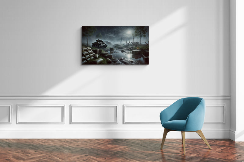 Tank uit de Tweede Wereldoorlog in een regenachtig slagveldlandschap – Canvas wandkunst