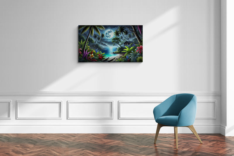 Tropisch strand bij nacht met maanverlichte oceaan en palmbomen - Canvas Wall Art