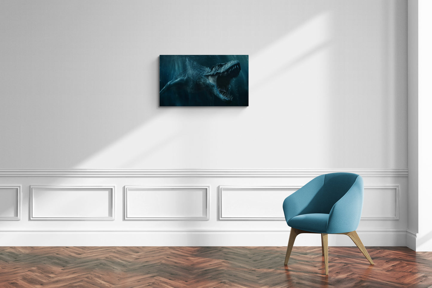 Onderwaterzeedinosaurus in de diepe oceaan met bubbels en beweging - Canvas wandkunst
