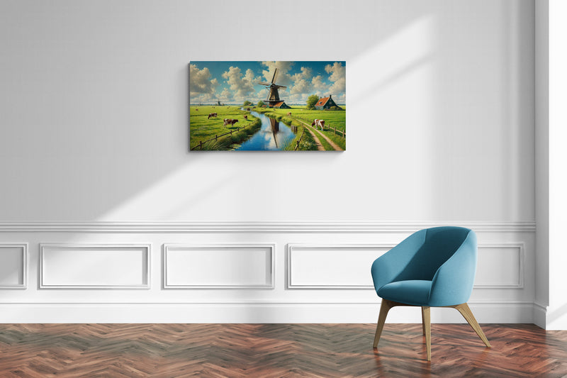 Hollands molenlandschap met groene velden en blauwe lucht – Canvas wandkunst