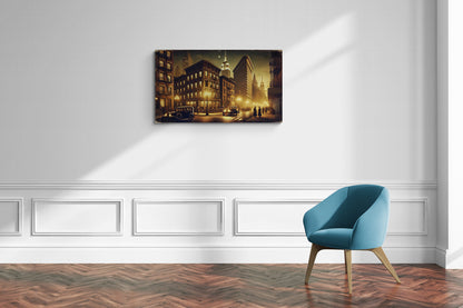Vintage stadsstraatbeeld met klassieke auto's en nachtlampjes - Canvas wandkunst