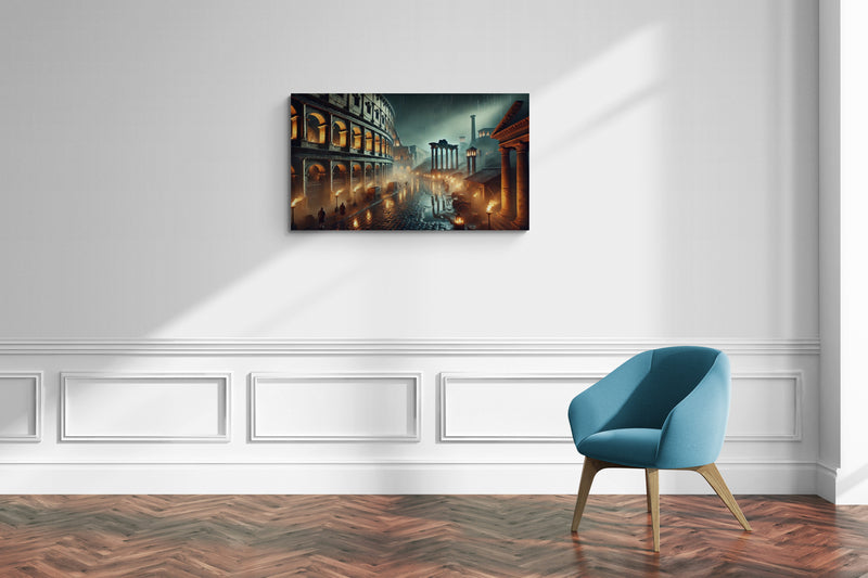 Oude Romeinse straatscène met het Colosseum en ruïnes bij nacht - Canvas wandkunst