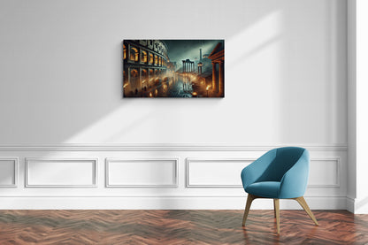 Oude Romeinse straatscène met het Colosseum en ruïnes bij nacht - Canvas wandkunst