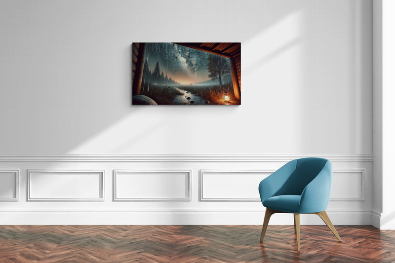 Landschap van een regenbos gezien vanaf de veranda van een hut - Canvas wandkunst