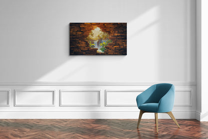 Tropisch junglezicht door stenen muuropening - Canvas wandkunst